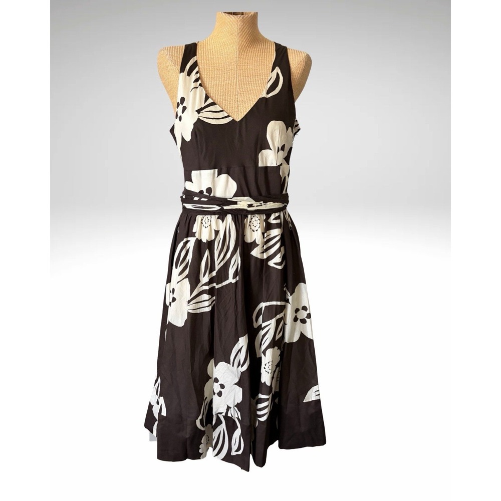 Rafaella 100% Cotton Dress Sleeveless Brown With White Flowers Tropical 10 NWT